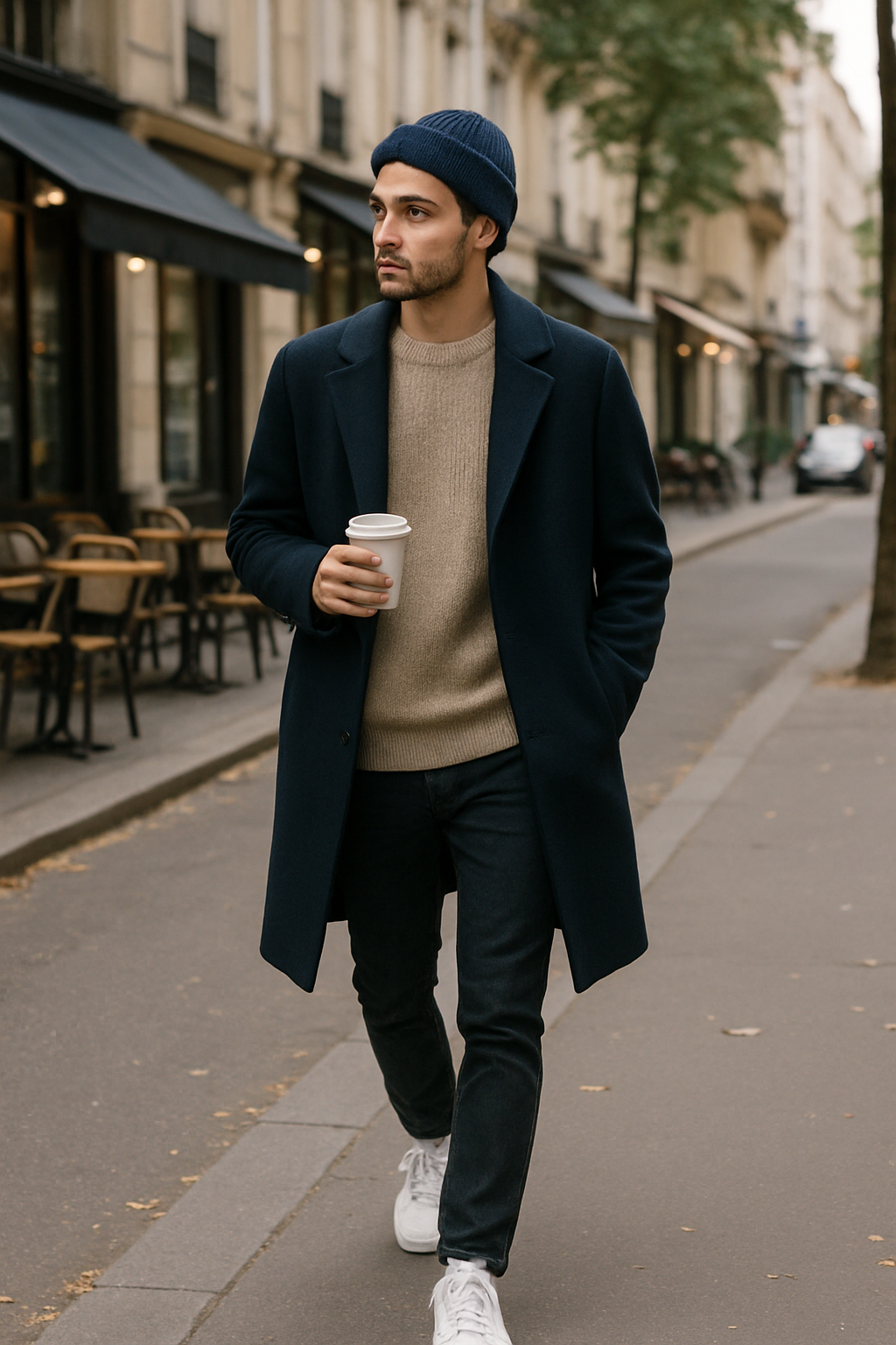 SKIPIKS AI 패션 화보 — casual, modern — 네이비 코트와 비니로 모던하고 세련된 무드를 연출해보세요. 베이지 니트와 청바지가 조화롭게 어우러져 따뜻한 가을 날씨에 적합한 스타일링이 완성됩