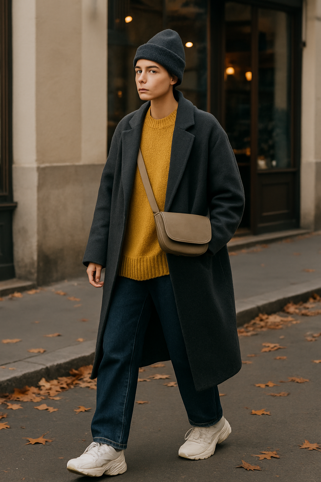 SKIPIKS AI fashion editorial — streetwear, casual, urban — This street casual look stands out with a dark gray coat paired with a yellow kn