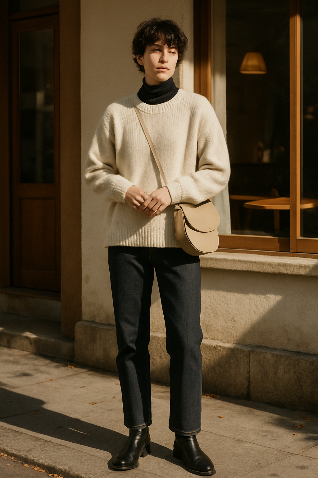 SKIPIKS AI 패션 화보 — minimalist, casual, classic — 크림색 스웨터와 베이지 크로스백이 어우러져 부드럽고 따뜻한 느낌을 주는 모던 룩이에요. 네이비 팬츠와 블랙 부츠로 심플하지만 세련된 스타일을 완