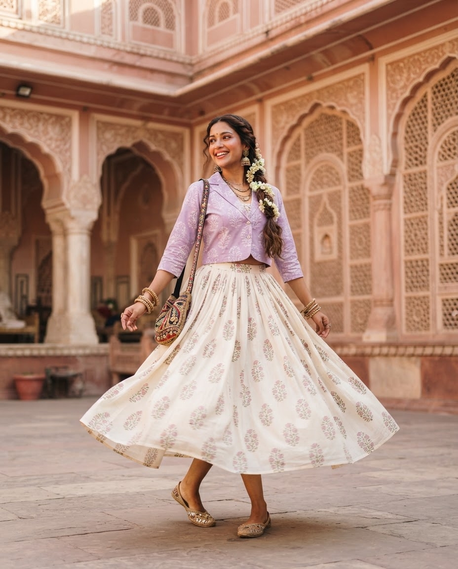 SKIPIKS AI fashion editorial — bohemian, ethnic — This is a sensuous bohemian look featuring a lavender jacket paired with a flora