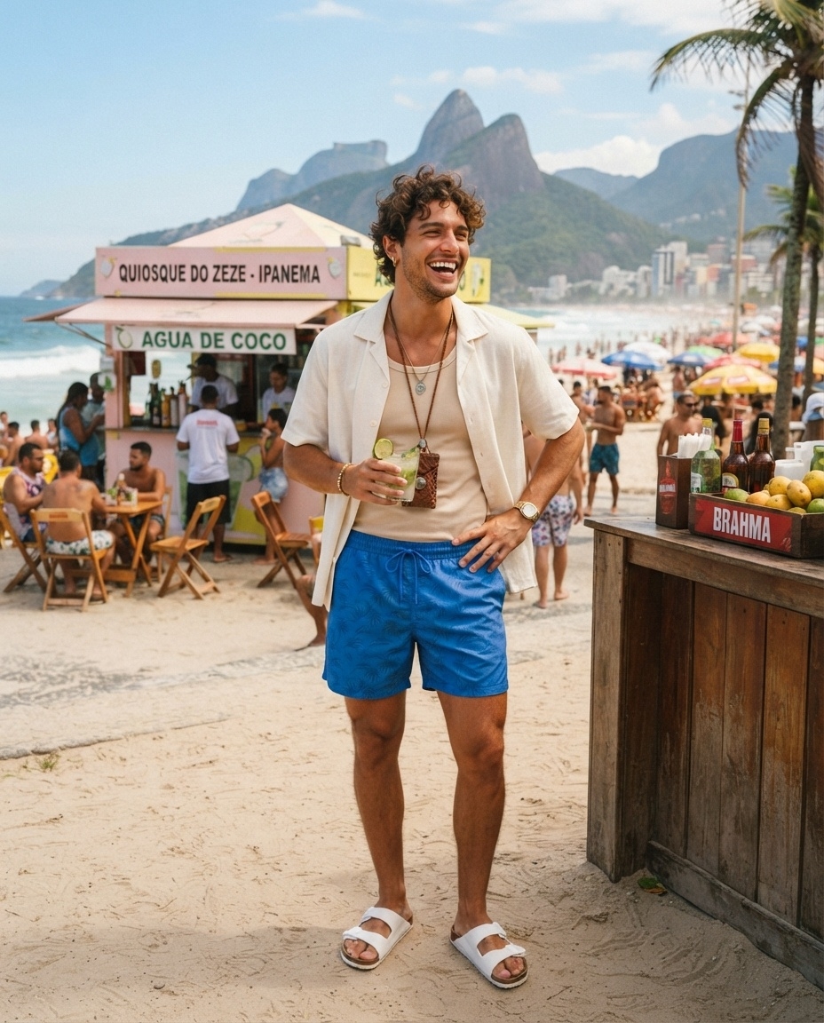 SKIPIKS AI时尚大片 — casual, beachwear — 这是一个清新的海滩造型，尽情享受海边的悠闲氛围。象牙色衬衫和米色无袖T恤增添了自然魅力，而蓝色短裤则带来了夏日的清爽感。搭配白色拖鞋增添轻盈感，并用项链完成风格