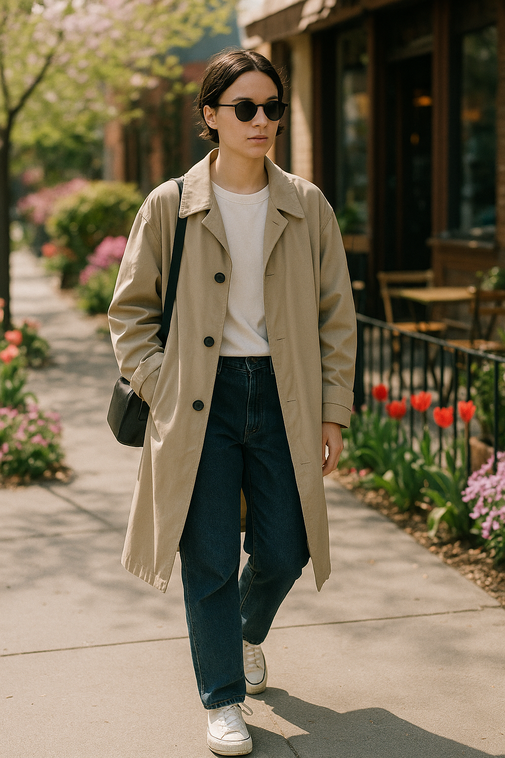 SKIPIKS AI fashion editorial — minimalist, casual — A beige trench coat paired with a white t-shirt creates a chic yet comfortable s