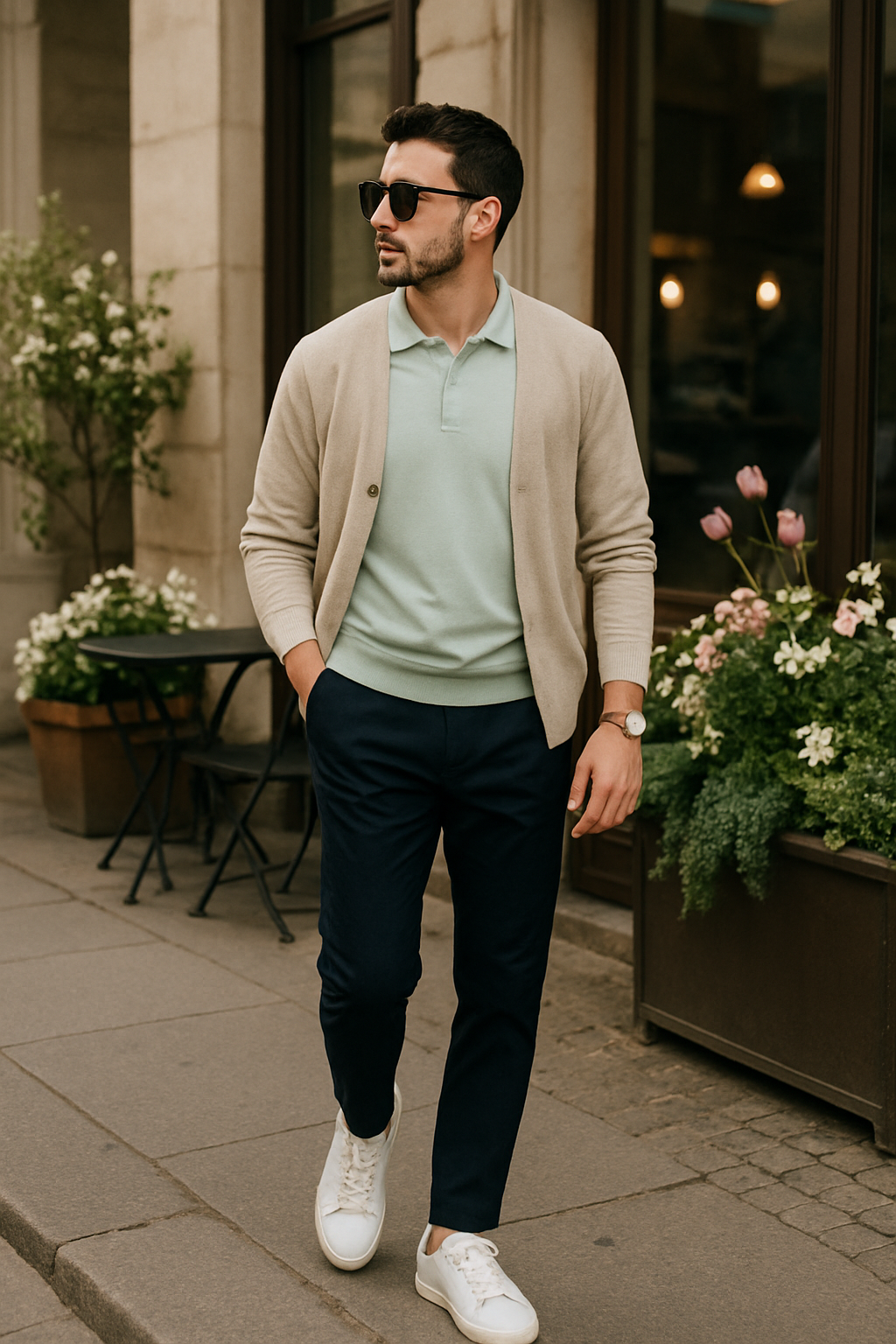 SKIPIKS AI 패션 화보 — minimalist, smartcasual — 부드러운 베이지 가디건과 민트 포로 셔츠의 조화로 고급스러우면서도 부드러운 무드를 연출해보세요. 네이비 슬랙스와 화이트 스니커즈로 깔끔함을 더해