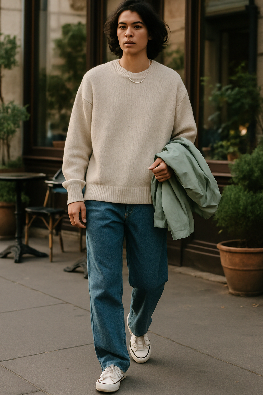 SKIPIKS AI fashion editorial — casual, chic — Complete your warm and relaxed autumn fashion with a beige knit sweater and deni
