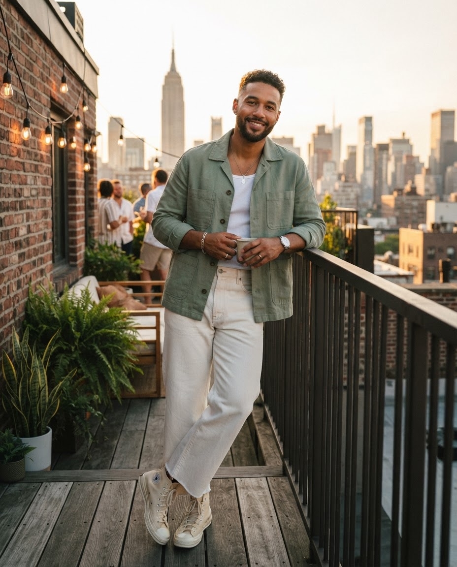 SKIPIKS AIファッション写真 — casual, modern — ミントグリーンのリネンシャツとクリーム色のパンツの組み合わせが自然な夏の雰囲気を演出します。ホワイトTシャツとベージュスニーカーを加えて、快適さとスタイルを両立