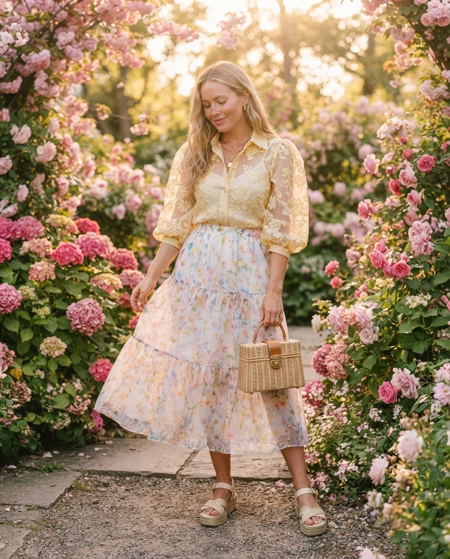 SKIPIKS AI fashion editorial — romantic, feminine, flowy — This look features a soft yellow sheer blouse paired harmoniously with a pastel 