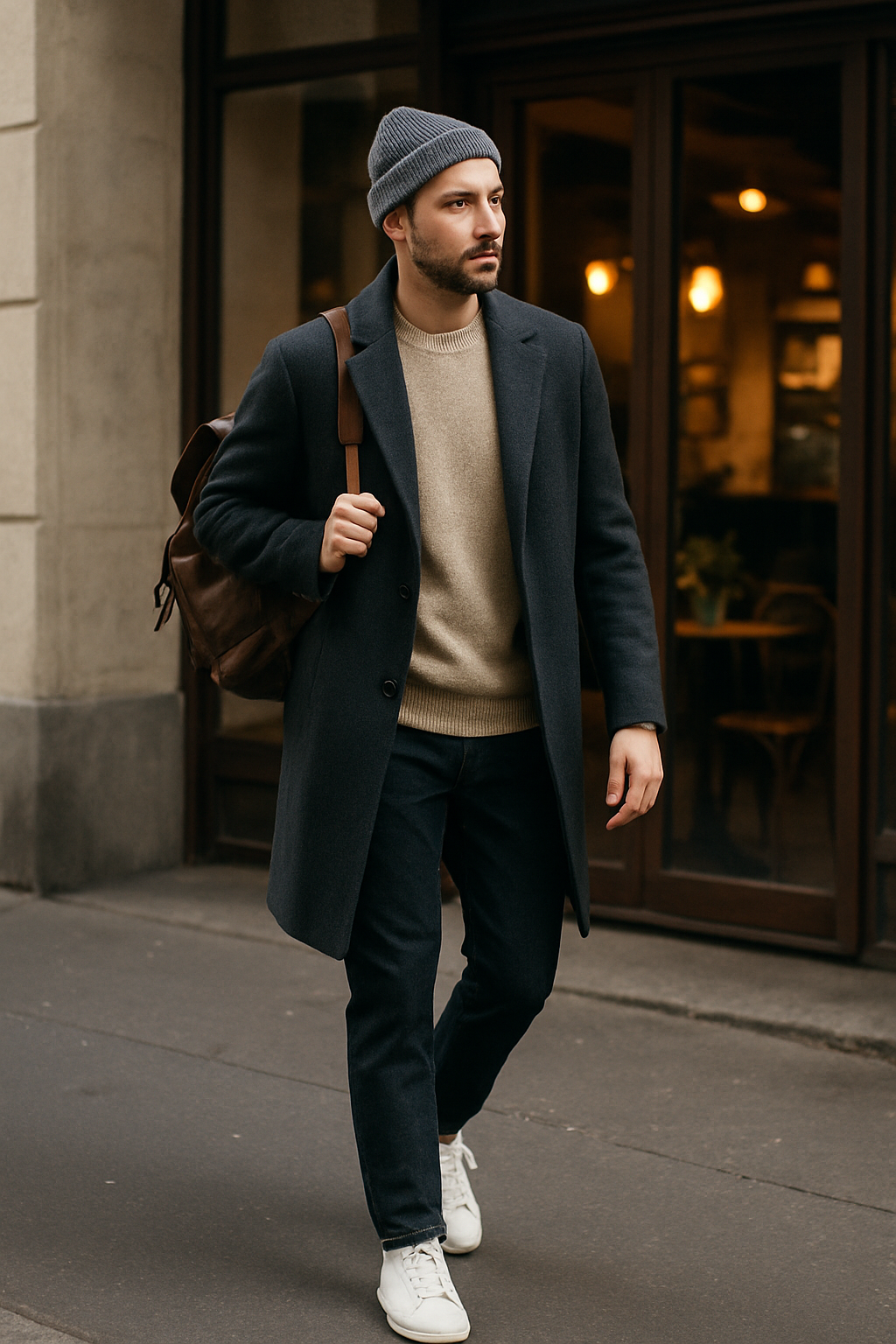 SKIPIKS AI 패션 화보 — minimalist, casual — 베이지 스웨터와 네이비 코트의 차분한 컬러 조합이 돋보이는 룩입니다. 심플한 비니와 화이트 스니커즈가 전체적으로 미니멀한 무드를 완성해주네요. 