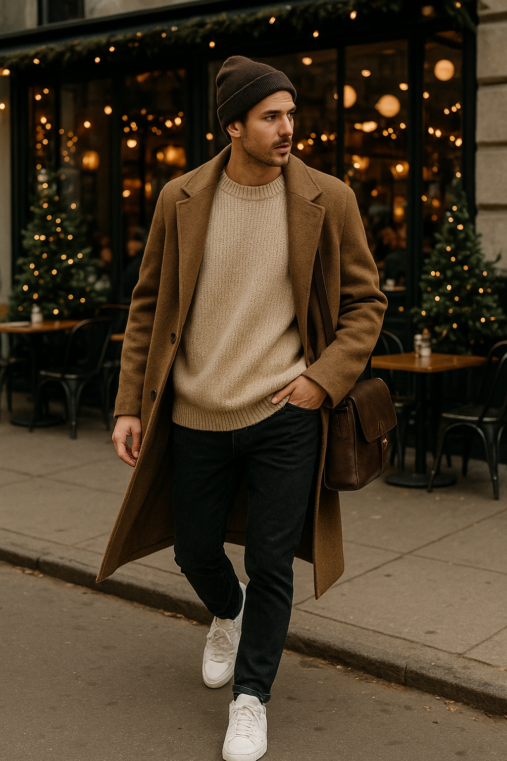 SKIPIKS AI fashion editorial — urban, casual, minimalist — Create a warm and gentle mood with a brown coat and beige knit sweater. Complete