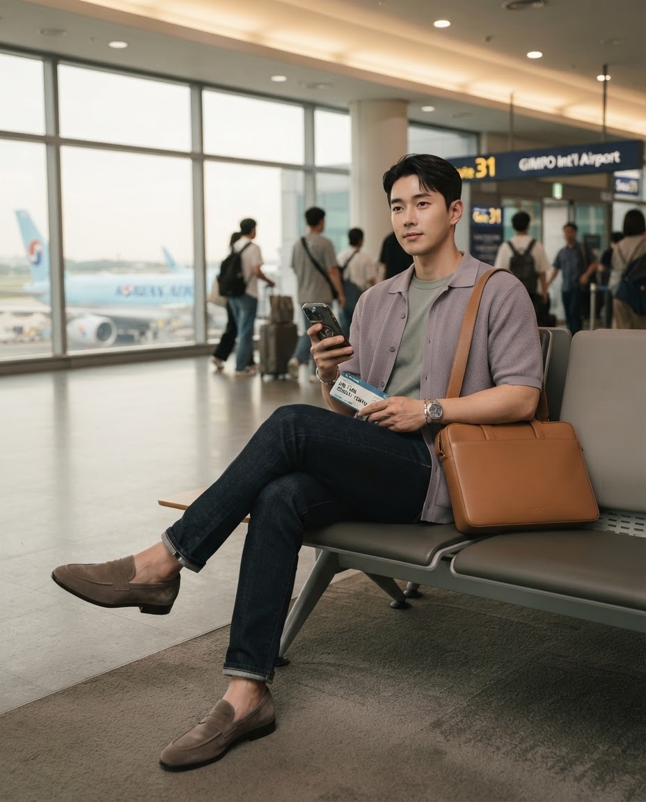 SKIPIKS AIファッション写真 — casual, smart, travel — パステルパープルのシャツとライトグレーのTシャツの組み合わせで、リラックスした洗練された空港ファッションを演出しましょう。ネイビージーンズとブラウンローファーを