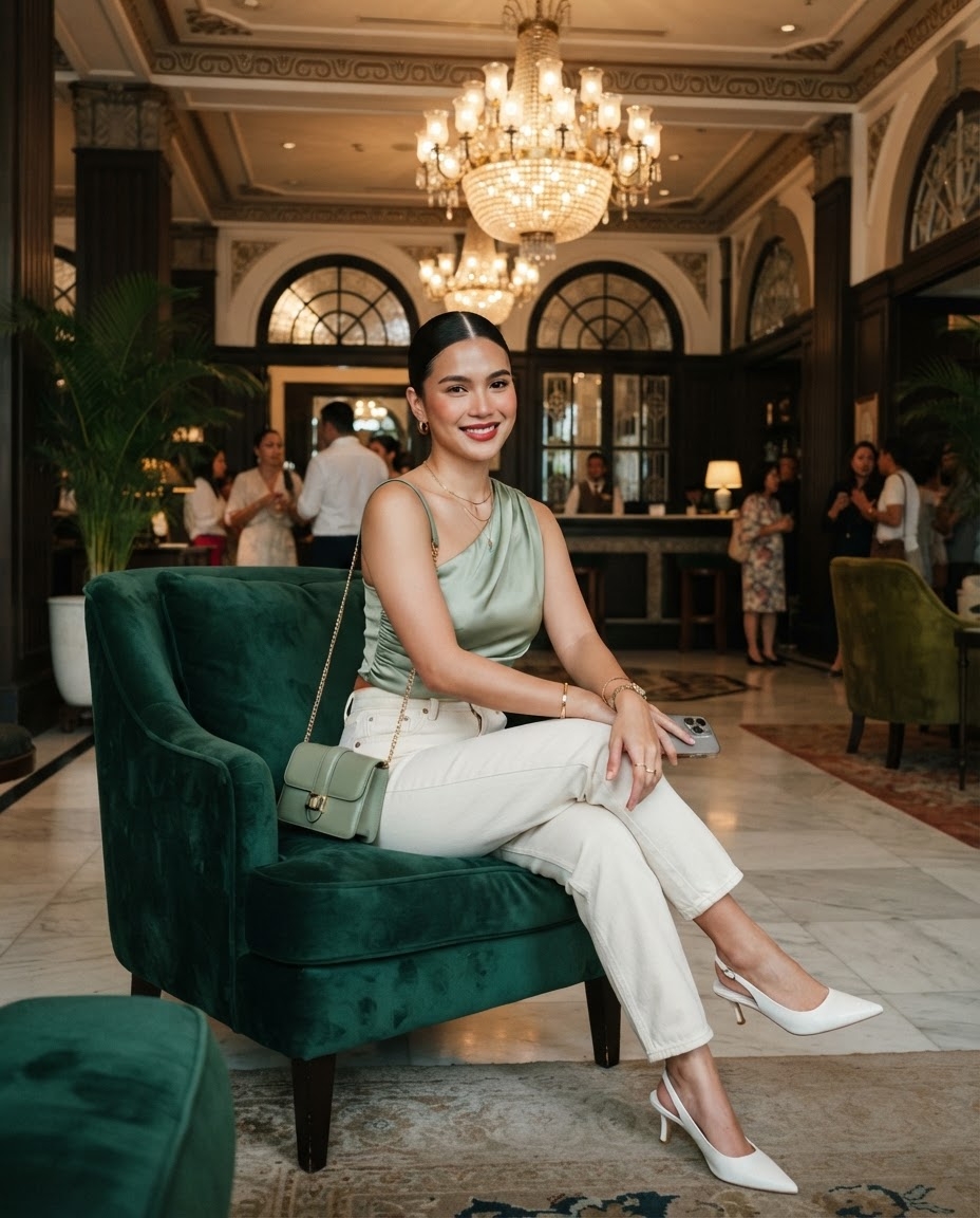 SKIPIKS AI fashion editorial — sophisticated, chic — Create a cool yet sophisticated modern look with a mint green sleeveless blouse 