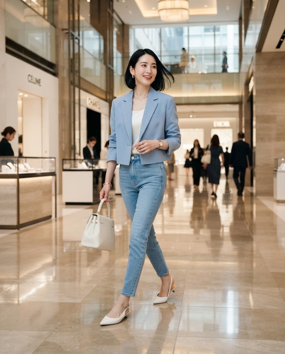 SKIPIKS AIファッション写真 — chic, minimalist, sophisticated — 空色のブレザーとライトブルーのジーンズが明るく洗練されたムードを演出します。ベージュのパンプスと白いハンドバッグを合わせて、全体のコーディネートをきれいに仕上げ