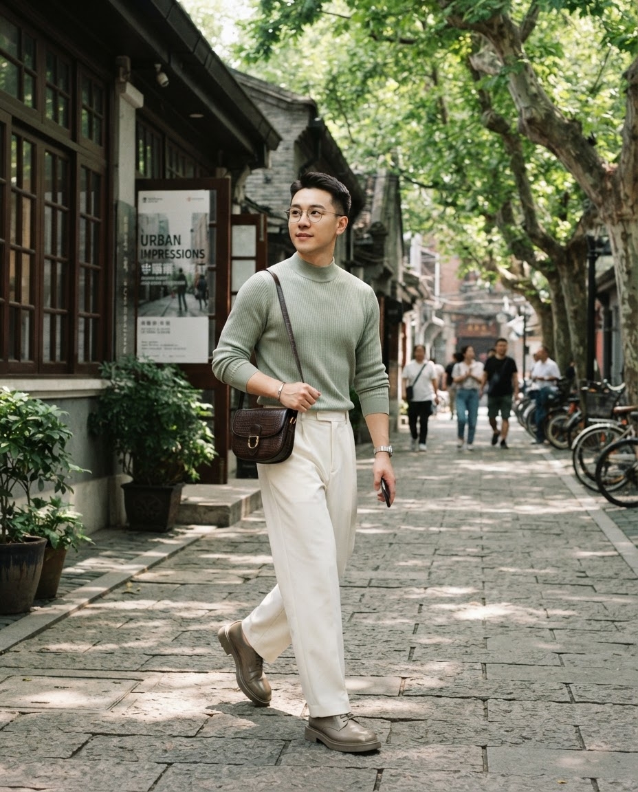 SKIPIKS AI 패션 화보 — minimalist, streetwear — 연두색 니트 스웨터와 아이보리 와이드 팬츠가 어우러져 부드럽고 깔끔한 무드를 자아내요. 로퍼와 싱글 스트랩 숄더백으로 클래식한 포인트를 더해 보