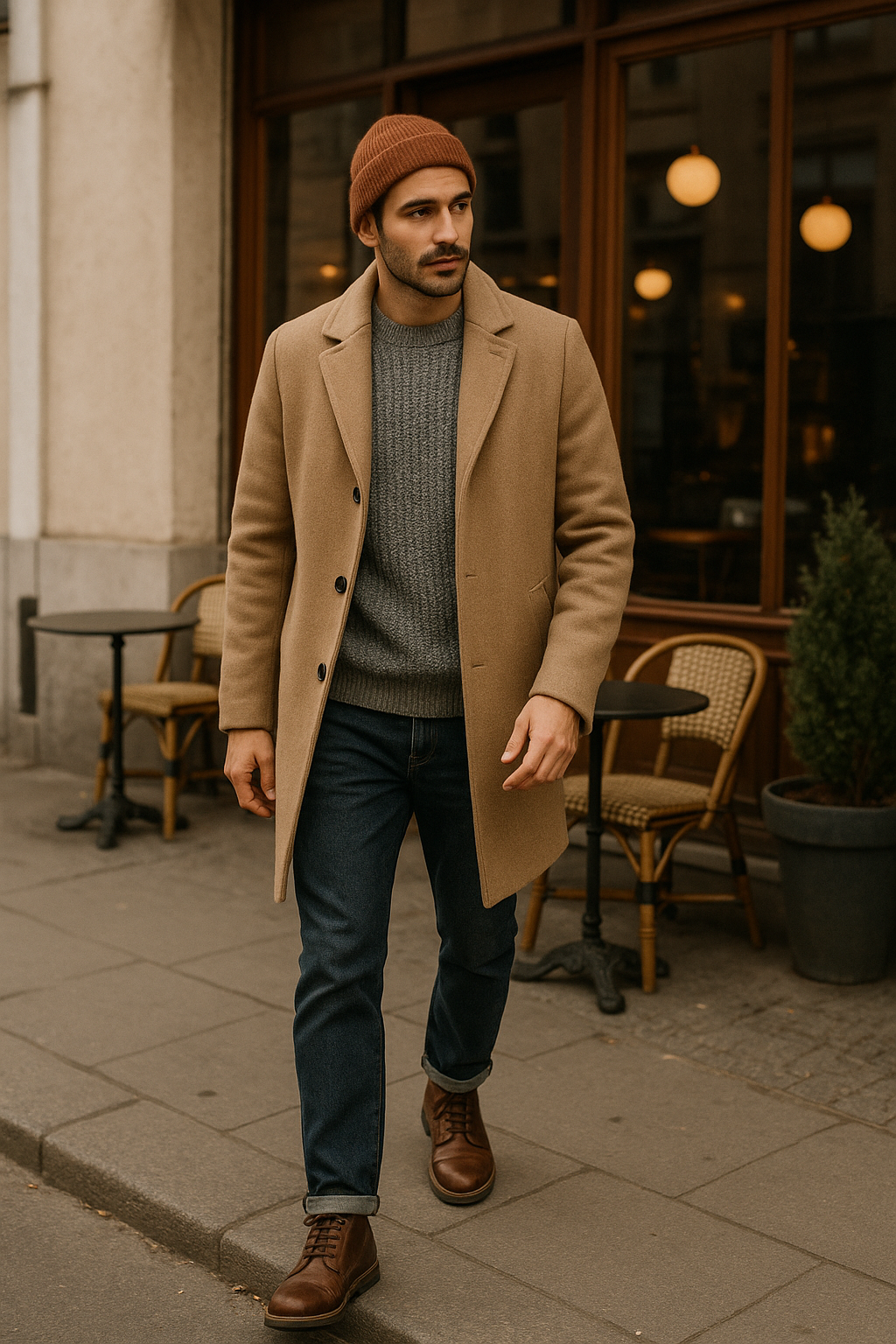 SKIPIKS AI时尚大片 — casual, classic — 搭配米色外套和灰色毛衣，营造经典而温暖的秋季氛围。与棕色靴子搭配，能更突出优雅感。这是一种适合日常或轻松外出的时尚造型。