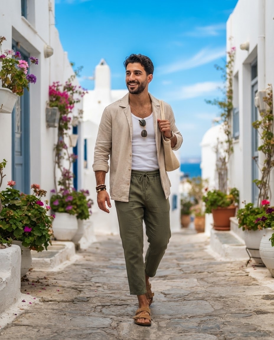 SKIPIKS AI 패션 화보 — casual, vacation, relaxed — 베이지 리넨 재킷과 화이트 탱크탑으로 청량한 무드를 연출했어요. 여기에 카키 팬츠와 브라운 샌들을 매치해 여름의 자연스러움을 살렸습니다. 바캉스