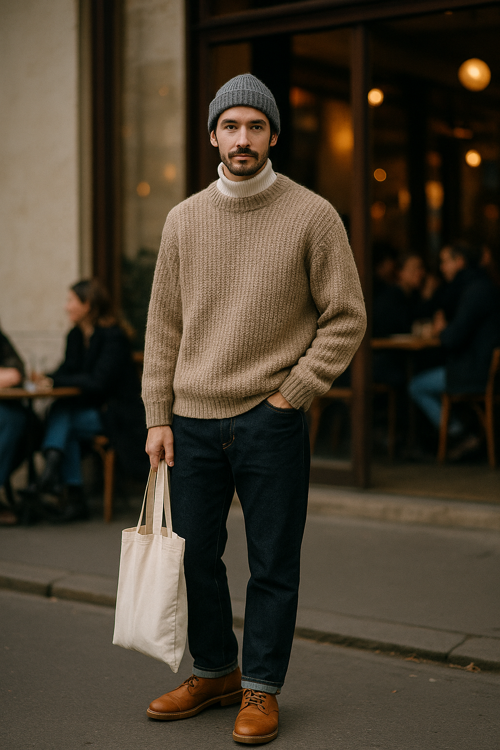 SKIPIKS AI fashion editorial — casual, cozy — This casual look features a cozy silhouette knit sweater that adds warmth. Accen