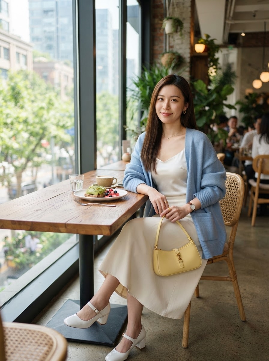 SKIPIKS AI 패션 화보 — feminine, casual — 부드러운 파스텔 블루와 아이보리의 조화가 산뜻한 분위기를 연출해요. 스카이블루 가디건과 슬립 원피스로 페미닌한 무드를 살려보세요. 데일리 카페 