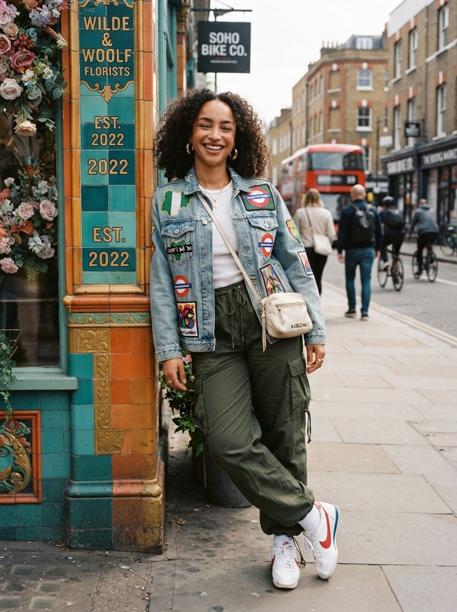 SKIPIKS AIファッション写真 — streetwear, casual — デニムジャケットとカーキ色のカーゴパンツで印象的なストリートムードを演出しましょう。クリーム色のクロスボディバッグと白いTシャツを合わせて、簡単なスタイリングを