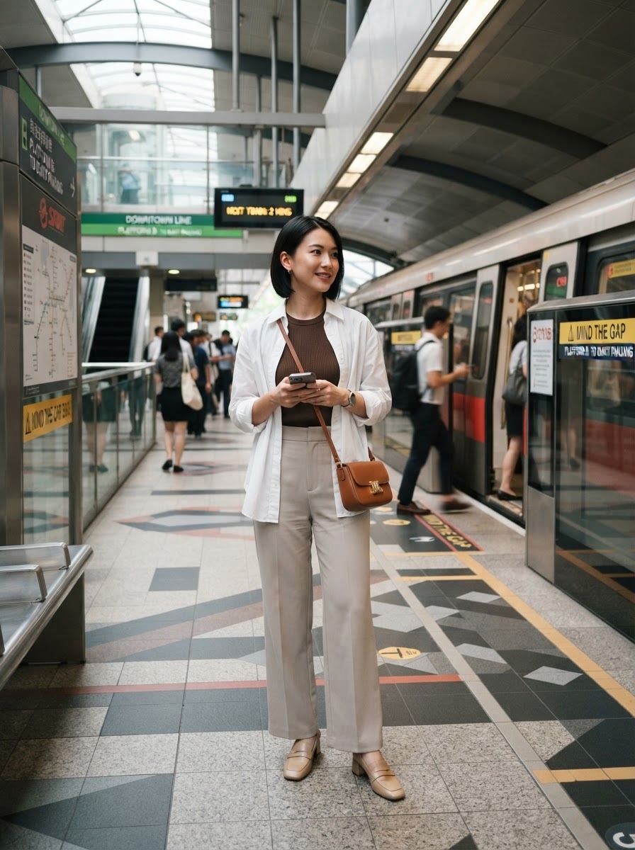 SKIPIKS AI时尚大片 — minimalist, chic — 通过白衬衫和棕色针织衫的搭配，营造出优雅而沉静的氛围。搭配米色裤子和乐福鞋，打造更加干净的造型。这是适合通勤或城市漫步的推荐搭配。