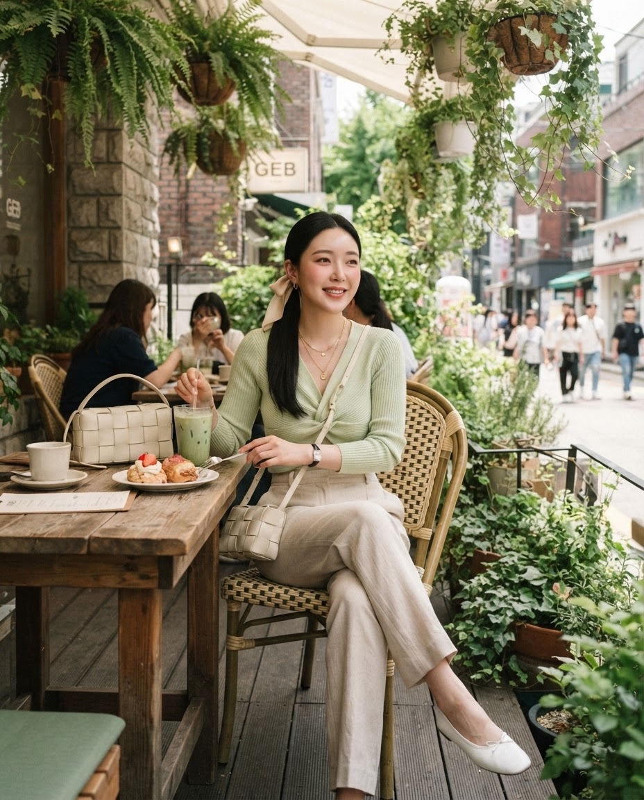 SKIPIKS AI时尚大片 — feminine, casual — 搭配一件浅绿色针织上衣和米色裤子，营造自然的春日氛围。用白色平底鞋和发带增添女性化的点缀。这一清新的造型非常适合咖啡馆或约会。