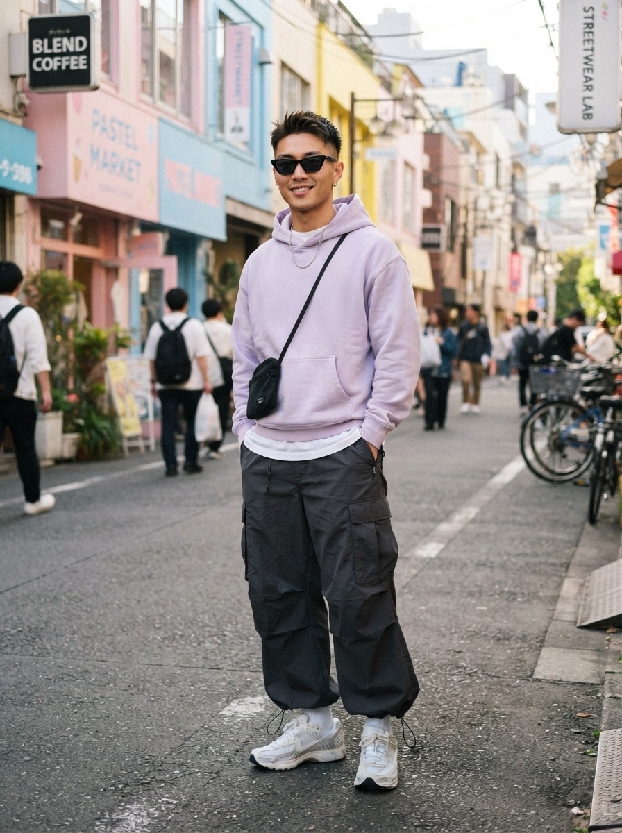 SKIPIKS AIファッション写真 — streetwear, casual — ラベンダー色のフーディとダークグレーのカーゴパンツで構成されたカジュアルなストリートルックが際立っています。ネオンカラーやアクセサリーと合わせて、よりトレンディ