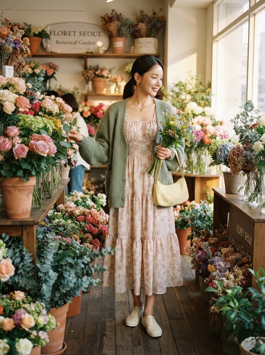 SKIPIKS AI 패션 화보 — romantic, floral, pastel — 화사한 플로럴 드레스와 카키 니트 카디건이 어우러져 봄날의 싱그러움을 한껏 느끼게 해요. 옐로 컬러의 숄더 백으로 사랑스러운 포인트를 주면 좋습
