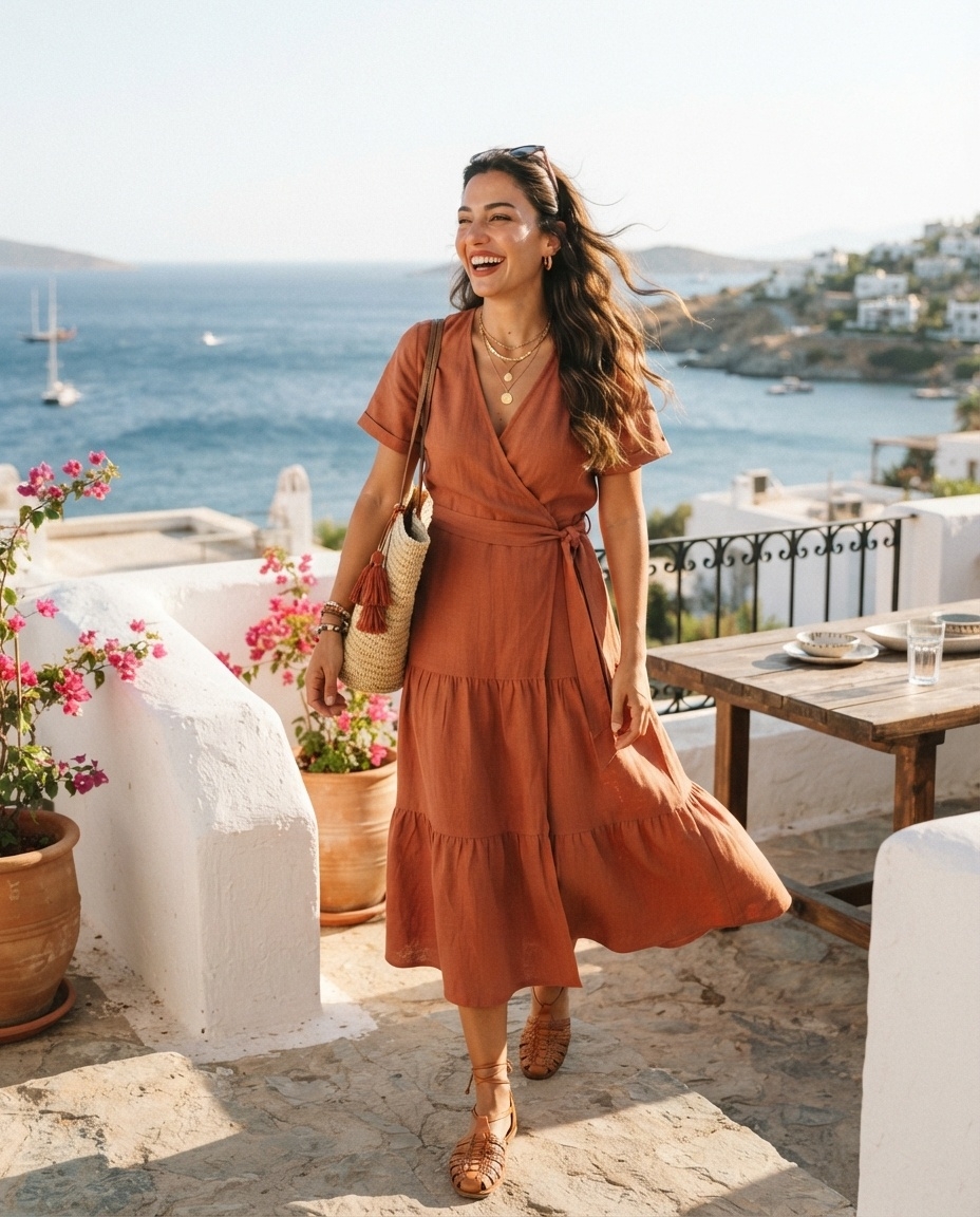 SKIPIKS AI 패션 화보 — bohemian, resort, feminine — 테라코타 컬러의 랩 드레스가 따뜻한 여름 바닷가 풍경과 조화를 이루며 감성적인 무드를 자아냅니다. 스트로 백과 브라운 샌들로 내추럴한 보헤미안 