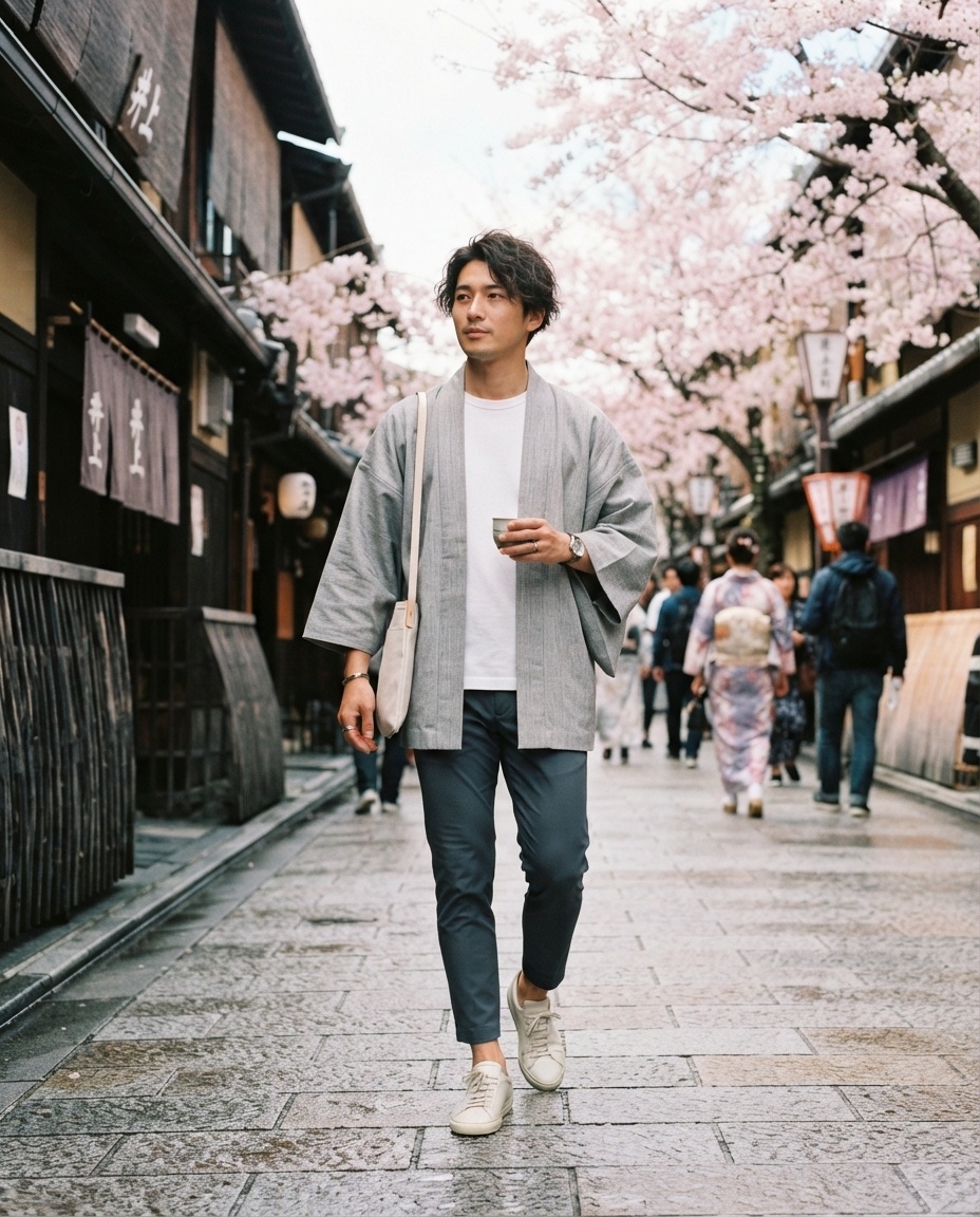 SKIPIKS AIファッション写真 — minimalist, casual — グレーのハオリとブルーのスラックスで現代的かつミニマルなムードを演出しました。白いTシャツとスニーカーで軽やかでクリーンなスタイルを完成させてください。春の舞い