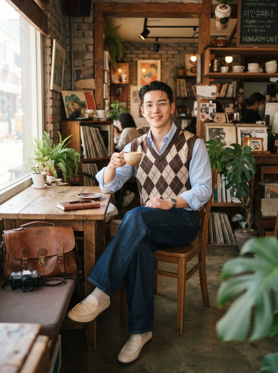 SKIPIKS AI时尚大片 — preppy, vintage, casual — 棕色的菱形背心营造出舒适的秋季氛围。搭配天蓝色衬衫和深蓝色牛仔裤，打造经典干练的风格。这套搭配非常适合周末悠闲的咖啡约会或阅读时光。