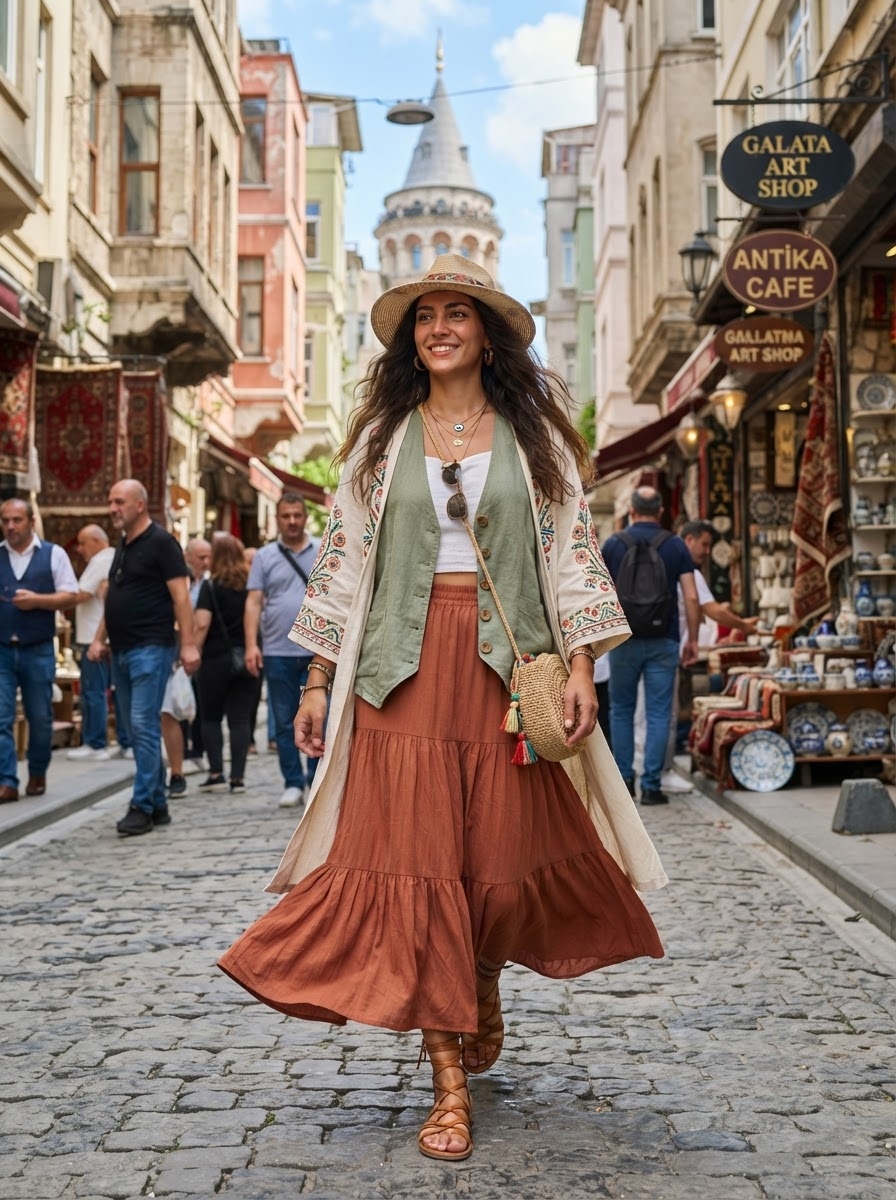 SKIPIKS AI 패션 화보 — bohemian, casual, feminine — 풍성한 브라운 맥시 스커트와 자수 가디건이 보헤미안 감성을 잘 살려주는 스타일입니다. 올리브 그린 베스트로 포인트를 주고, 라탄 크로스백과 매치