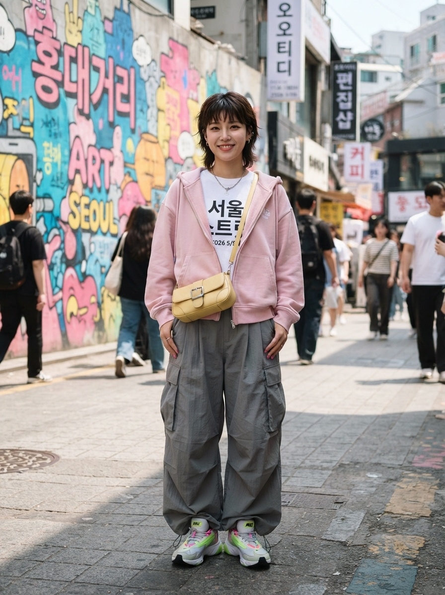 SKIPIKS AI fashion editorial — streetwear, casual — A soft pink hoodie paired with gray cargo pants creates a casual yet lively vibe