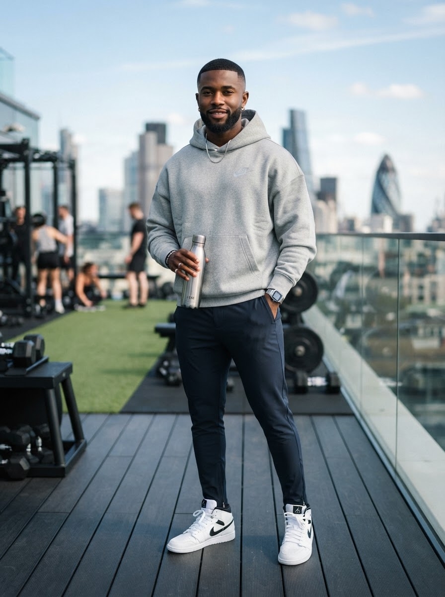 SKIPIKS AI 패션 화보 — athleisure, streetwear — 회색 후디와 검정 트랙팬츠의 조합으로 깔끔하면서도 편안한 애슬레저 스타일이 완성됩니다. 스니커즈로 캐주얼한 포인트를 더해 데일리로 활용하기 좋은