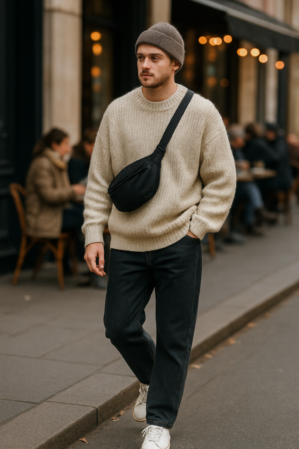 SKIPIKS AI fashion editorial — casual, minimalist — A beige knit sweater creates a cozy and warm vibe for the autumn season. Pair it