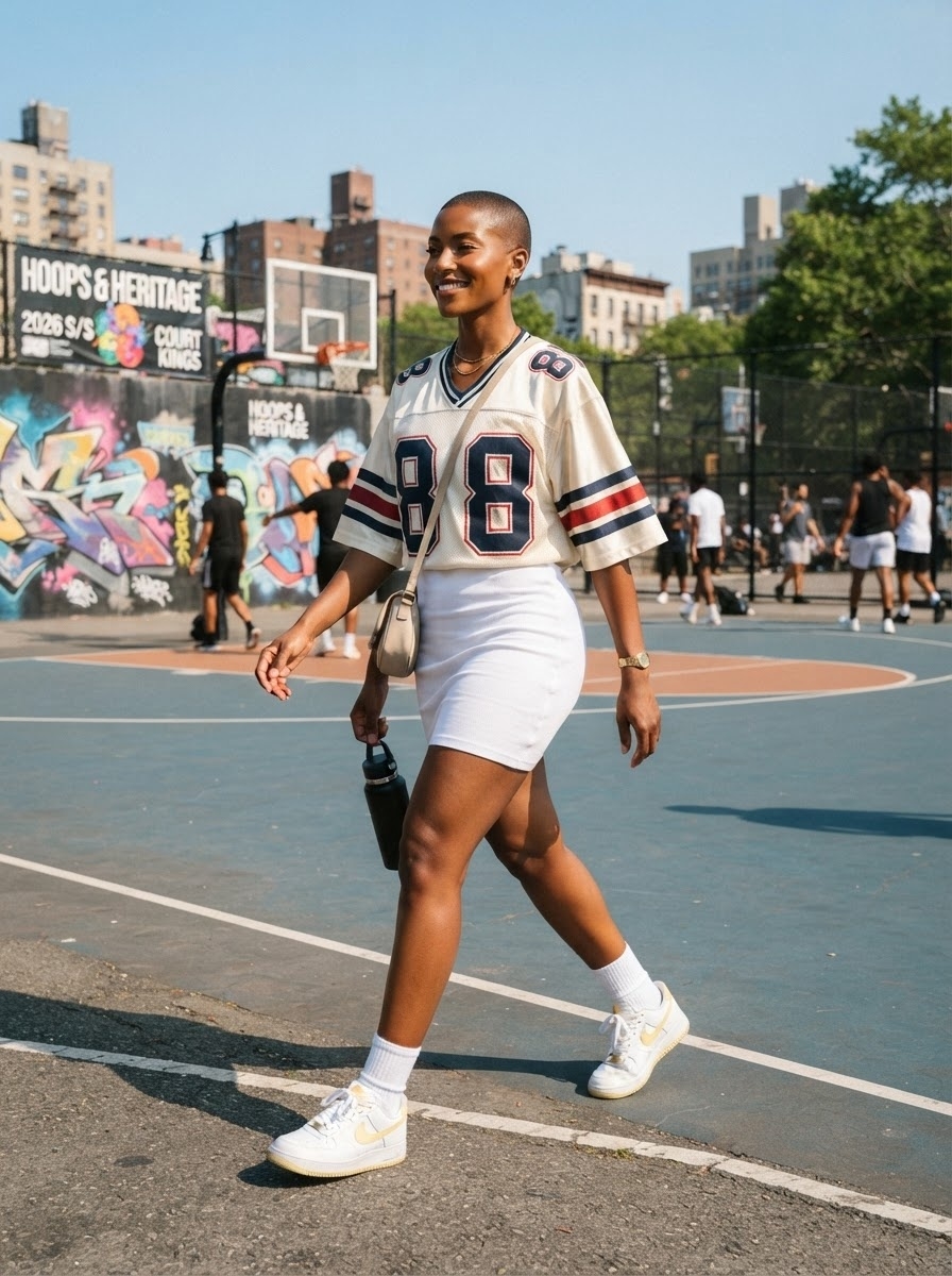 SKIPIKS AI 패션 화보 — streetwear, sportswear, casual — 풋볼 저지와 미니 스커트의 조합이 경쾌한 무드를 연출합니다. 여기에 흰색 운동화와 크로스백으로 편안함을 더해보세요. 여름철 스트리트 패션으로 매