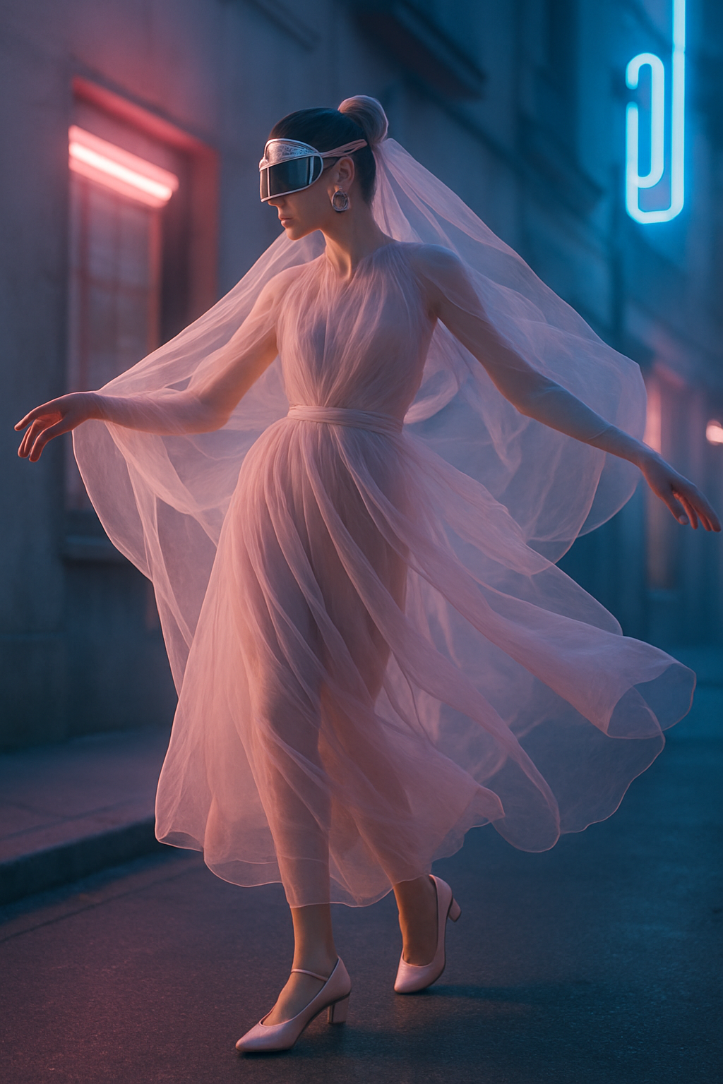 SKIPIKS AI fashion editorial — feminine, avant-garde — The soft pastel pink tube dress creates a romantic yet futuristic vibe. Pair it 