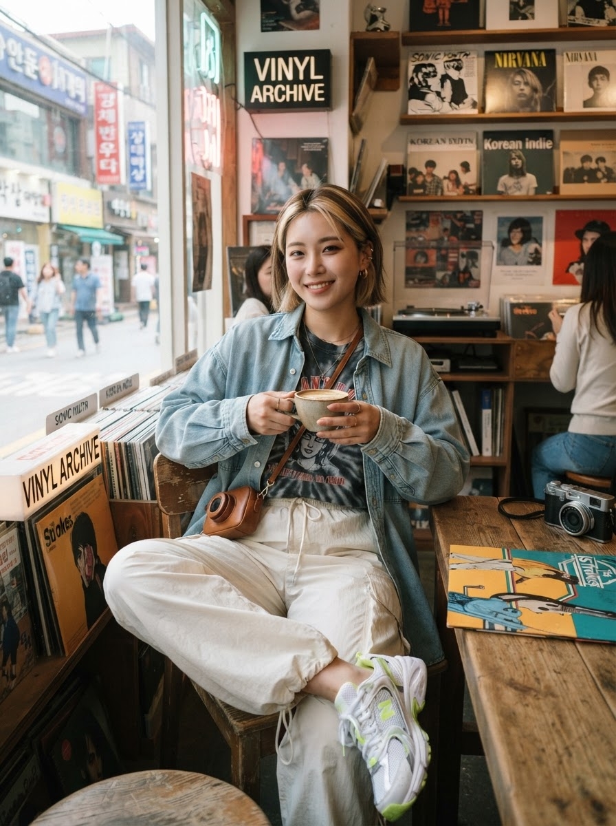 SKIPIKS AIファッション写真 — vintage, casual — レトロ感あふれるデニムシャツとプリントTシャツの組み合わせが目を引くルックです。クリーム色のジョガーパンツとホワイトスニーカーで快適さとスタイルを両立させましょ