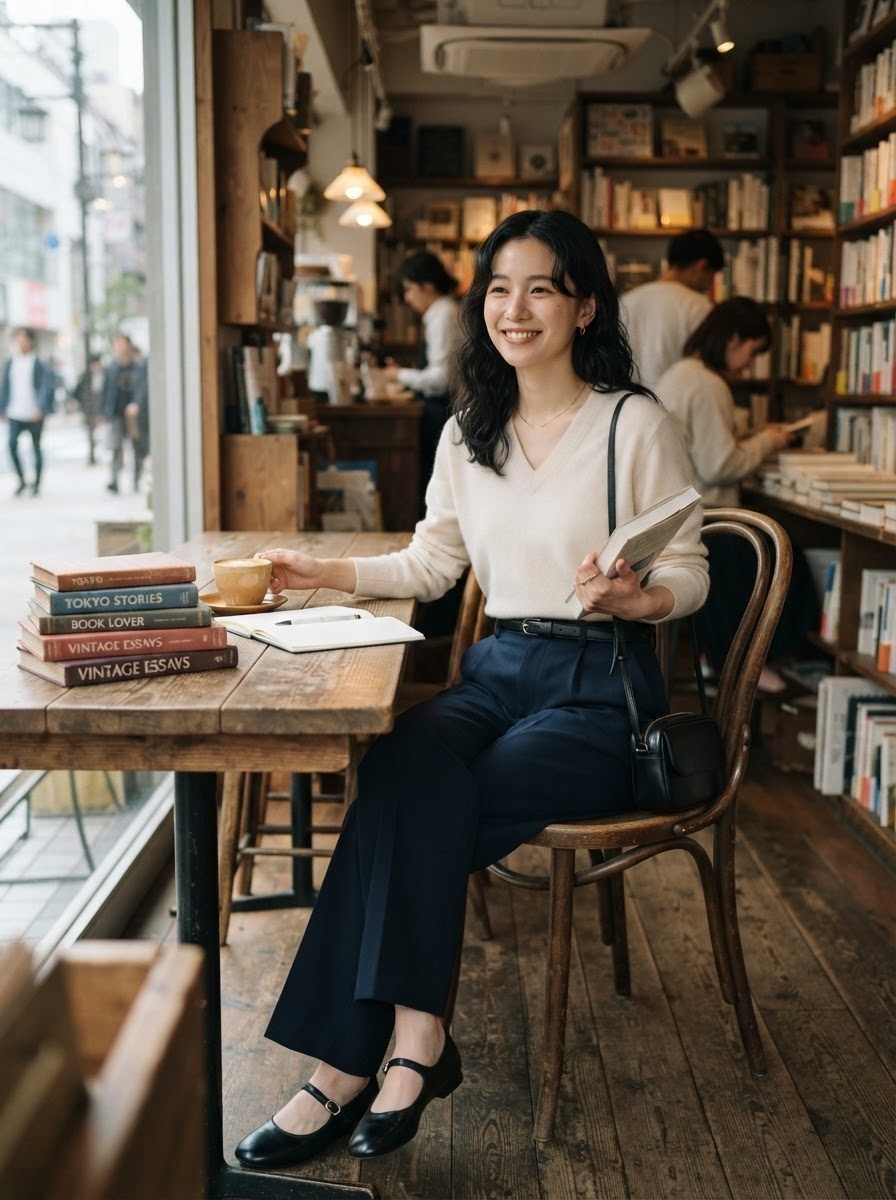 SKIPIKS AI 패션 화보 — vintage, chic — 베이지 컬러 스웨터와 네이비 슬랙스가 모던하면서도 차분한 분위기를 연출해요. 미니멀한 블랙 메리제인 슈즈와 깔끔한 숄더백으로 캐주얼함과 여성스러