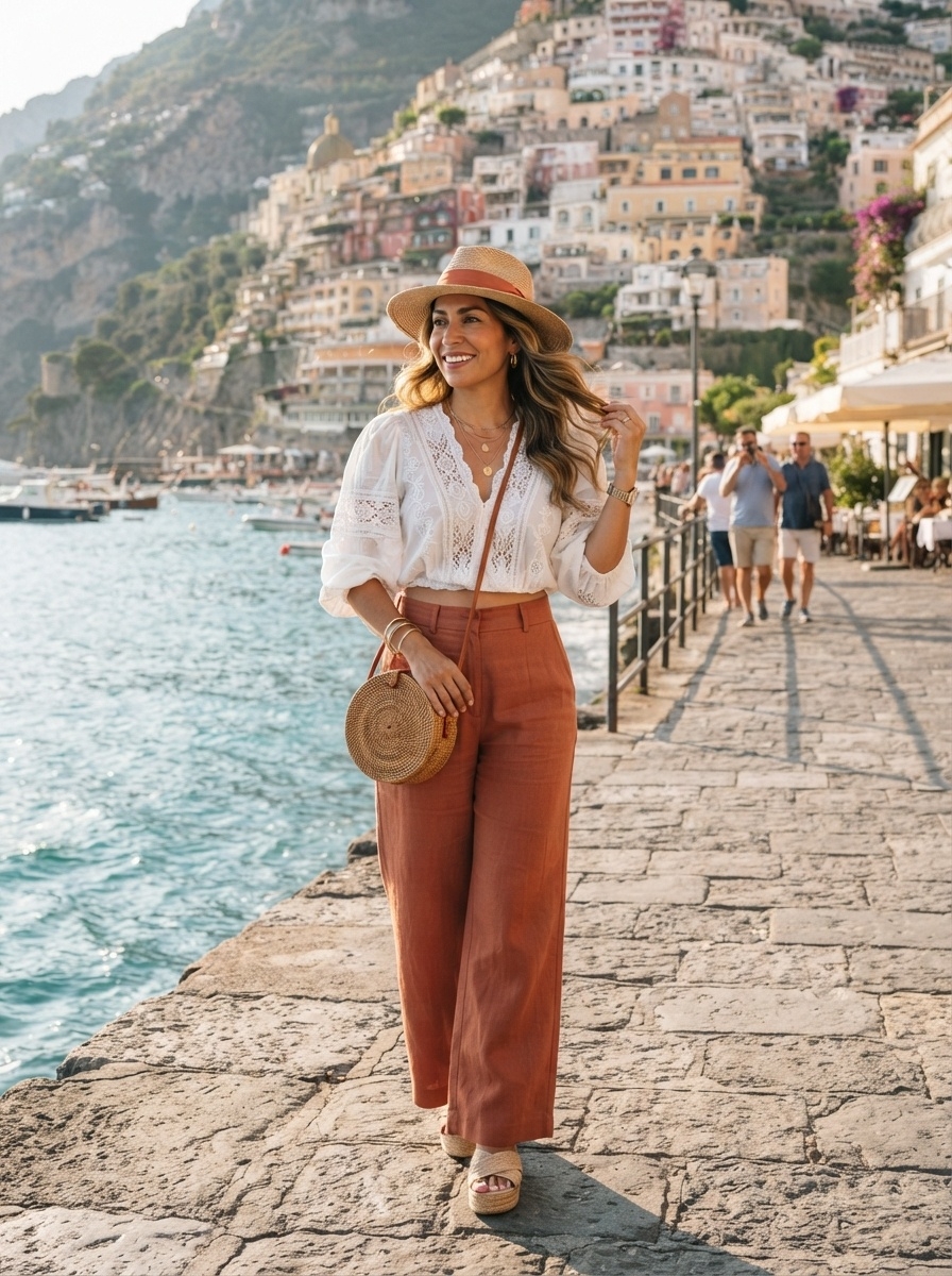 SKIPIKS AI 패션 화보 — bohemian, resortwear — 화이트 블라우스와 브라운 리넨 팬츠의 조화가 여유롭고 우아한 무드를 자아냅니다. 라탄 백과 모자를 매치해 바캉스 느낌을 강조해보세요. 여름 해변