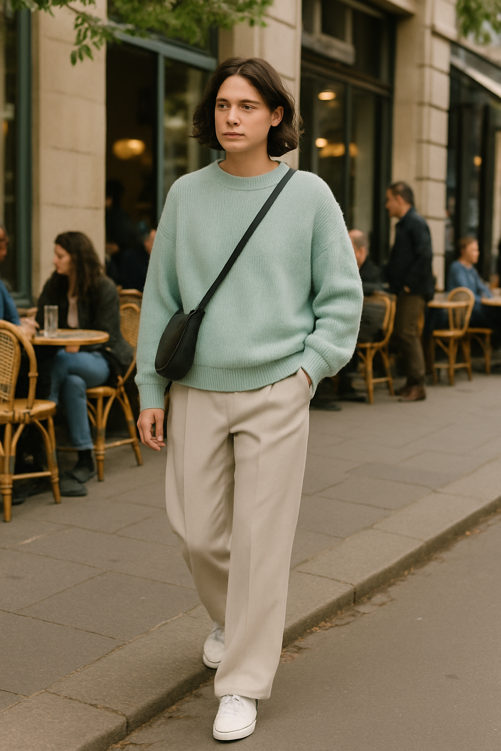 SKIPIKS AIファッション写真 — minimalist, casual — ミント色のセーターとベージュのパンツの調和が際立つ快適なカジュアルルックです。柔らかな色合いでシンプルながら洗練された印象を与え、クロスボディバッグでアクティブ