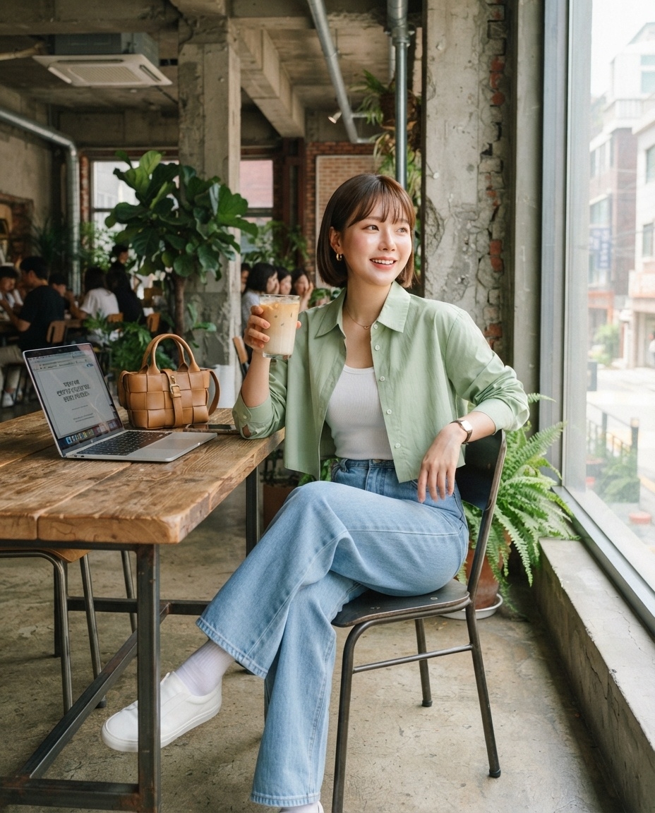 SKIPIKS AI 패션 화보 — casual, minimalist — 연두색 셔츠와 흰색 탱크탑의 조화가 산뜻한 봄의 분위기를 연출해요. 여기에 연청색 청바지를 매치해 더욱 경쾌하면서도 편안한 캐주얼 룩을 완성해보