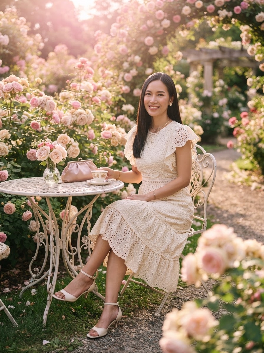 SKIPIKS AI 패션 화보 — romantic, feminine — 로맨틱한 크림색 크로셰 원피스가 사랑스러운 봄의 감성을 물씬 풍깁니다. 얇은 스트랩 샌들과 핑크색 핸드백을 매치하면 화사한 룩을 완성할 수 있어