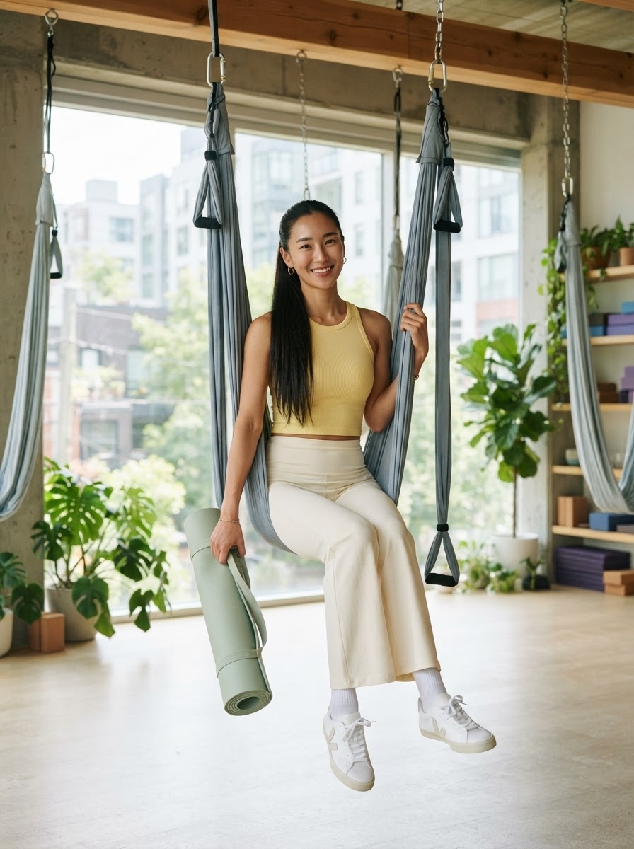 SKIPIKS AI 패션 화보 — athleisure, minimalist — 밝은 노란색의 민소매 탑과 크림색 요가 팬츠가 상큼하고 여유로운 무드를 연출해보세요. 스니커즈와 함께 편안함을 살린 애슬레저 스타일로 일상에서도