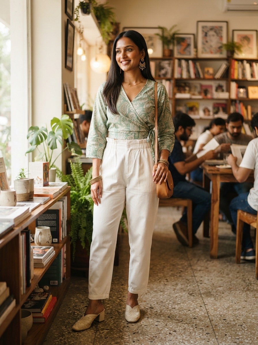 SKIPIKS AI 패션 화보 — feminine, chic, casual — 민트 컬러의 랩 블라우스와 화이트 와이드 팬츠가 만나 세련된 무드를 연출해보세요. 크림색 로퍼와 작은 크로스백으로 포인트를 주면 더욱 밸런스가 