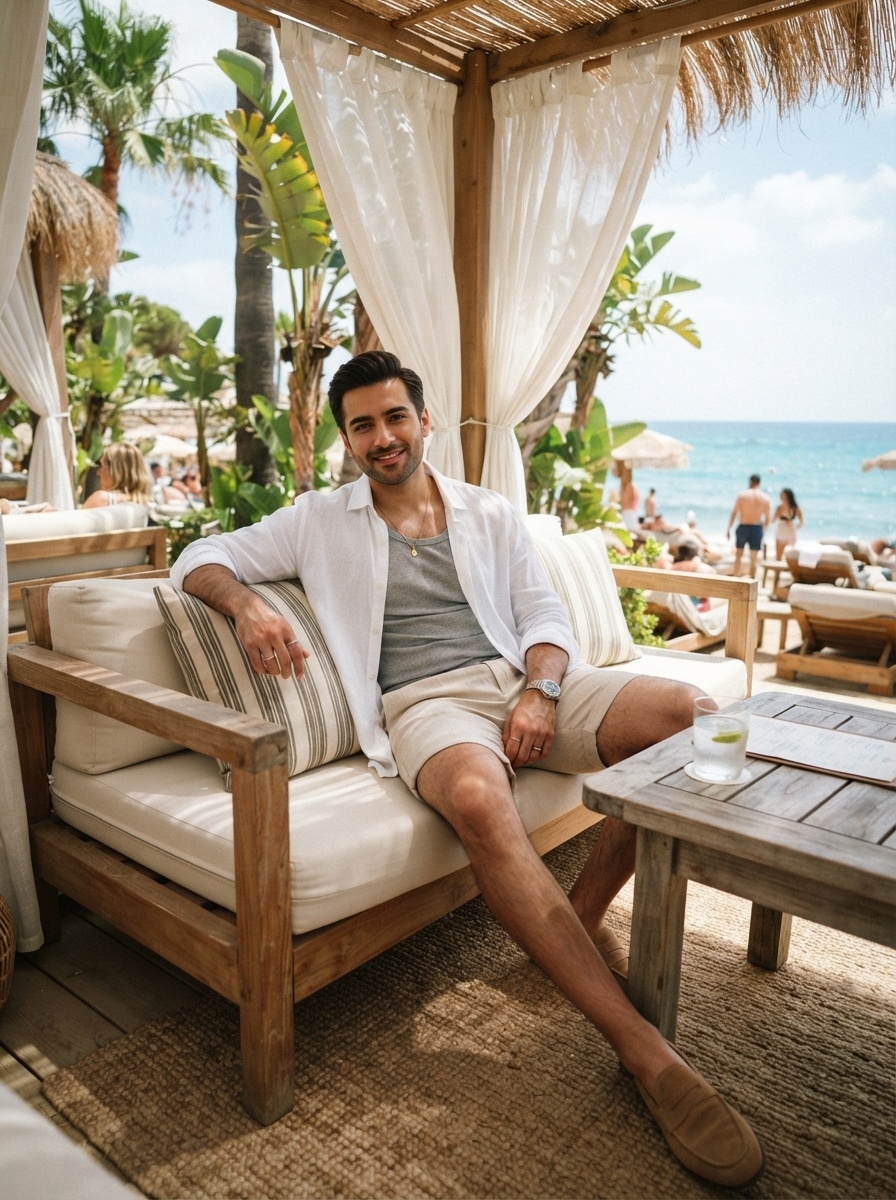 SKIPIKS AIファッション写真 — resort, casual — ホワイトリネンシャツとグレーのノースリーブTシャツで涼しげでクリーンな夏スタイルを完成させましょう。ベージュのショートパンツとキャメルカラーのローファーが自然に