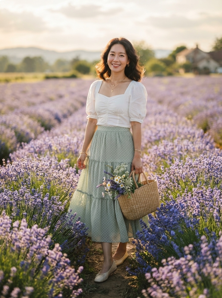 SKIPIKS AI 패션 화보 — romantic, feminine, bohemian — 자연 속에서 빛나는 로맨틱한 무드의 룩이에요. 화사한 민트색 스커트가 사랑스러운 실루엣을 만들어냅니다. 라탄 백과 플랫슈즈로 편안하면서도 세련된