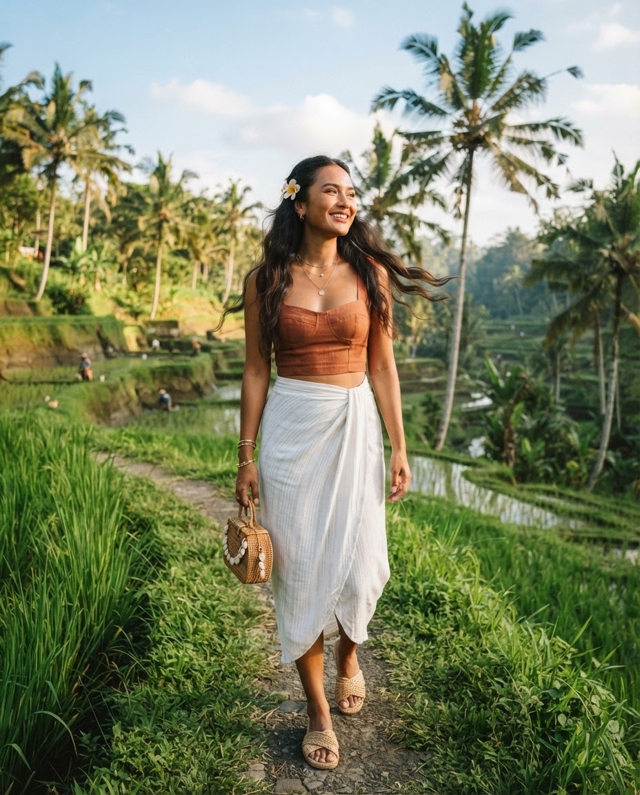 SKIPIKS AIファッション写真 — bohemian, vacation — 温かみのあるブラウンとホワイトの柔らかな調和が異国のリゾート雰囲気を演出しています。ブラウンのノースリーブトップとホワイトのラップスカートの組み合わせはナチュラ