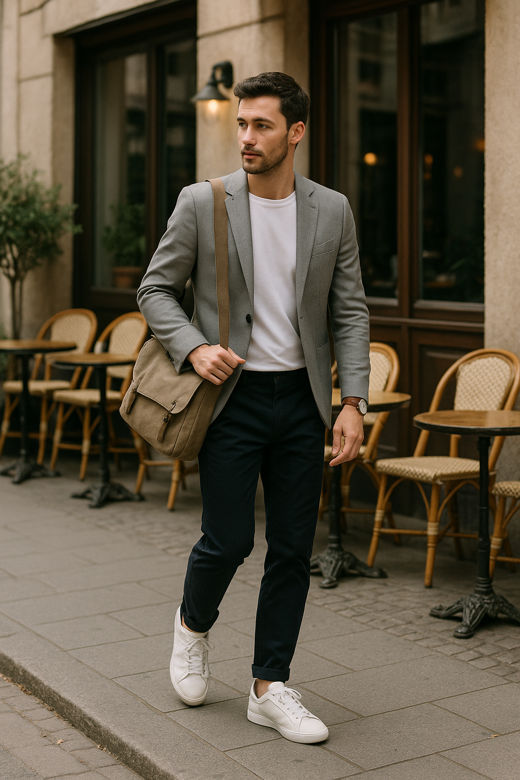 SKIPIKS AI 패션 화보 — business_casual, minimalist — 회를 자아내는 회색 블레이저와 네이비 팬츠의 조화가 스타일리시한 남성미를 연출해 보세요. 흰색 티셔츠와 스니커즈를 매치하여 편안하면서도 세련된 