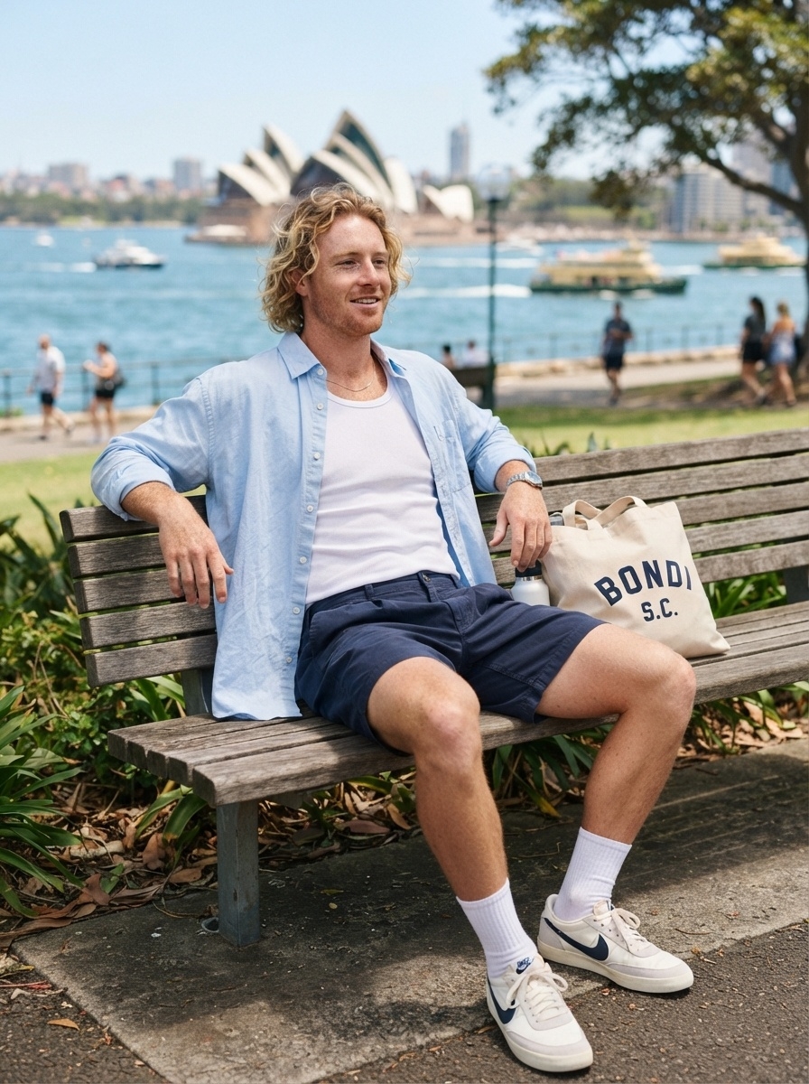 SKIPIKS AIファッション写真 — casual, minimalist — 空色のシャツとホワイトタンクトップの組み合わせが涼しげで爽やかな印象を与えるルックです。ネイビーのショートパンツとキャンバスバッグでカジュアルなスタイルをプラス