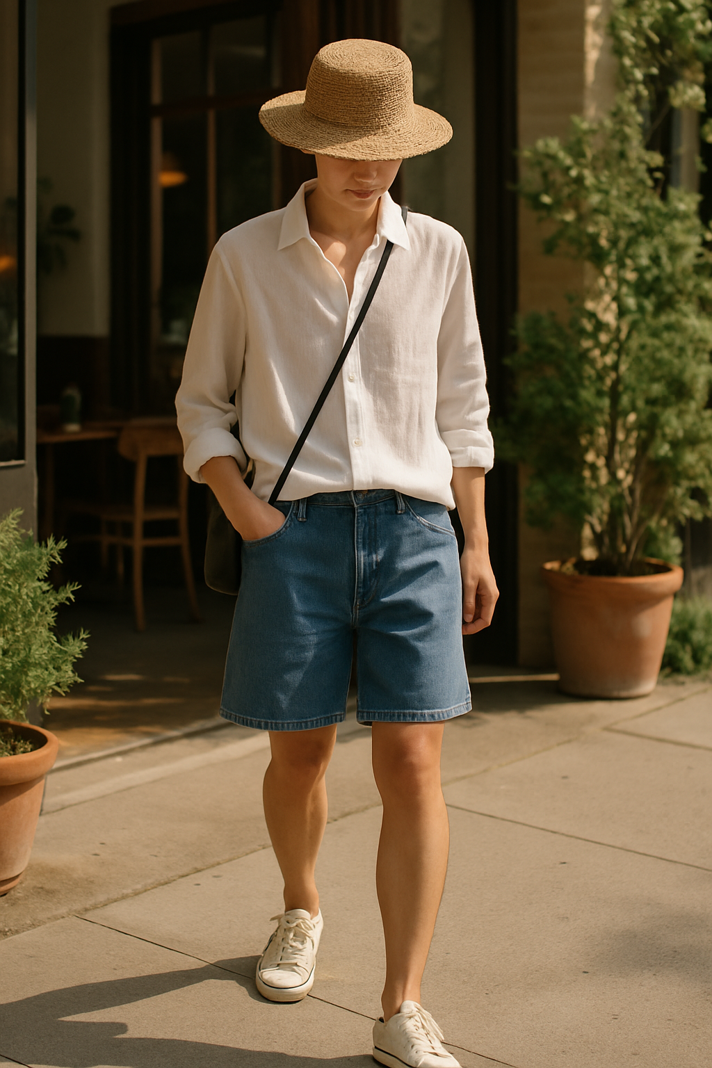 SKIPIKS AI 패션 화보 — minimalist, casual — 밝고 산뜻한 흰색 셔츠와 청반바지로 경쾌한 여름 느낌을 연출해보세요. 여기에 자연스러운 베이지 톤의 모자와 심플한 흰색 운동화가 편안한 무드를 