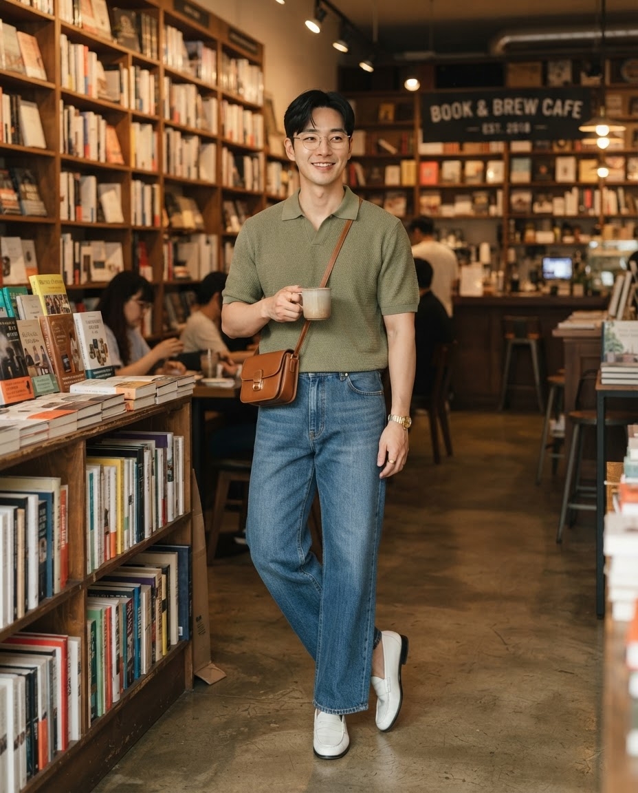 SKIPIKS AI 패션 화보 — casual, minimalist — 올리브 컬러 폴로 셔츠와 블루 진은 세련되면서도 편안한 분위기를 자아내요. 브라운 크로스백으로 포인트를 주어 심플한 룩에 활력을 불어넣는 스타일
