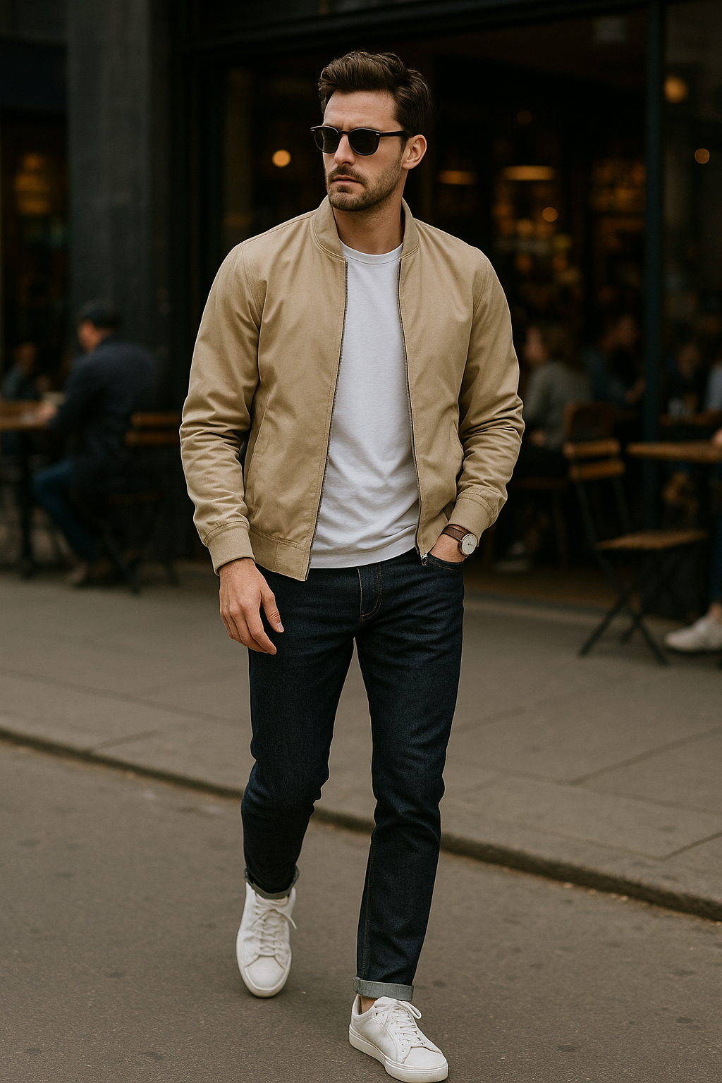 SKIPIKS AIファッション写真 — casual, minimalist — ベージュのブルゾンとジーンズの組み合わせが目を引くカジュアルなルックです。季節の変わり目にぴったりで、白のスニーカーでクリーンな仕上げをおすすめします。デイリー